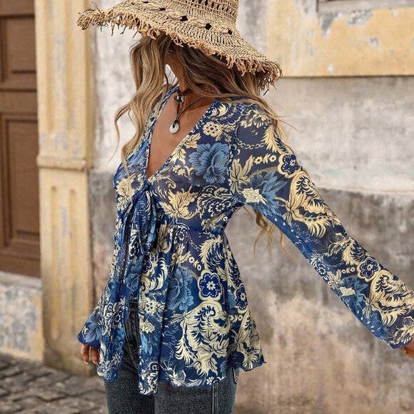 Blue Boho Women's Paisley Print Mesh Long Sleeve Tie Front Asymmetric top - Picture 7 of 7